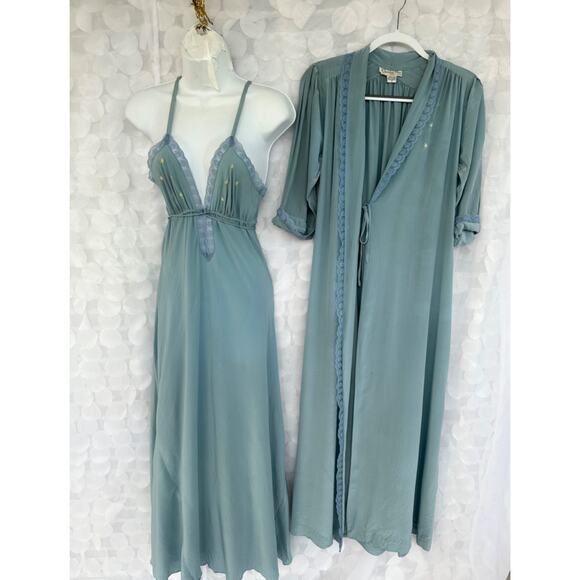 Vintage Christian DIOR 100% Silk Blue Long Gown & Robe 80's size PETITE Flowers - Picture 2 of 11